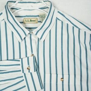 LL Bean Womens Size 20 Vintage Striped Button Down Shirt Teal White F233